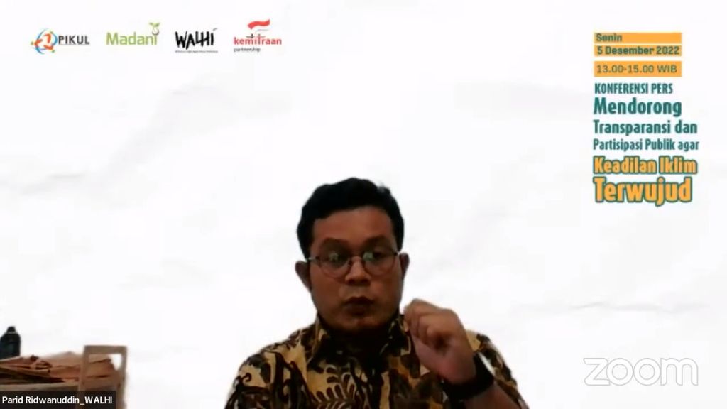 Manajer Kampanye Pesisir dan Laut Wahana Lingkungan Hidup Indonesia (Walhi) Parid Ridwanuddin dalam acara Respons Koalisi Keadilan Iklim terhadap Hasil G20 dan COP27 secara daring di Jakarta, Senin (5/12/2022).