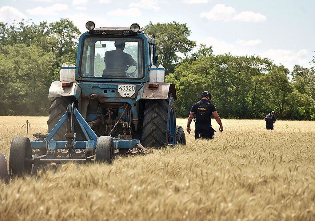 Foto yang dirilis Pemerintah Ukraina memperlihatkan beberapa petugas tengah menyisir sebuah ladang gandum mencari ranjau darat yang ditanam di perkebunan gandum di wilayah Mykolaiv. 