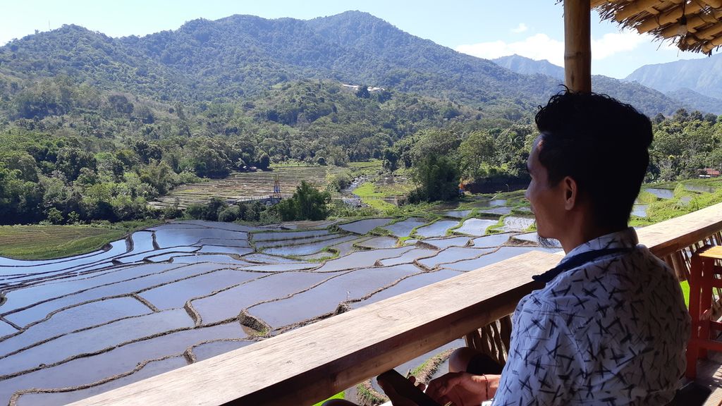Pelintas menikmati bentangan sawah di Desa Detusoko Timur, Kabupaten Ende di Pulau Flores, Nusa Tenggara Timur, Rabu (22/6/2022). Desa tersebut terkenal dengan program ekowisata.