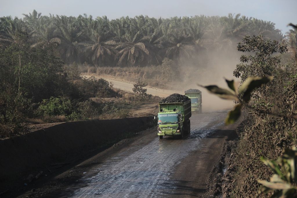 Truk pengangkut batubara melintasi jalan khusus angkutan tambang batubara di wilayah Kabupaten Tanah Bumbu, Kalimantan Selatan, November 2014.