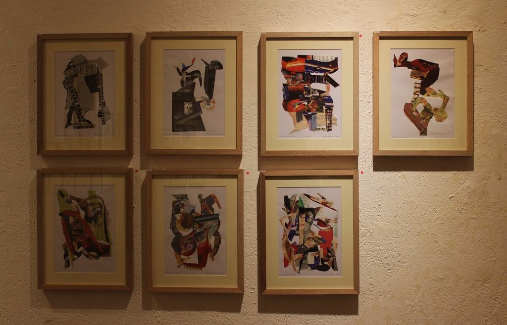 Kolase berjudul Cyclus karya seniman Mardi Al Anhar ditampilkan dalam pameran seni kolase “Cutting Cyclus” di Auditorium Cemara 6 Galeri di Museum Toeti Heraty, Jakarta, Sabtu (14/1/2023).