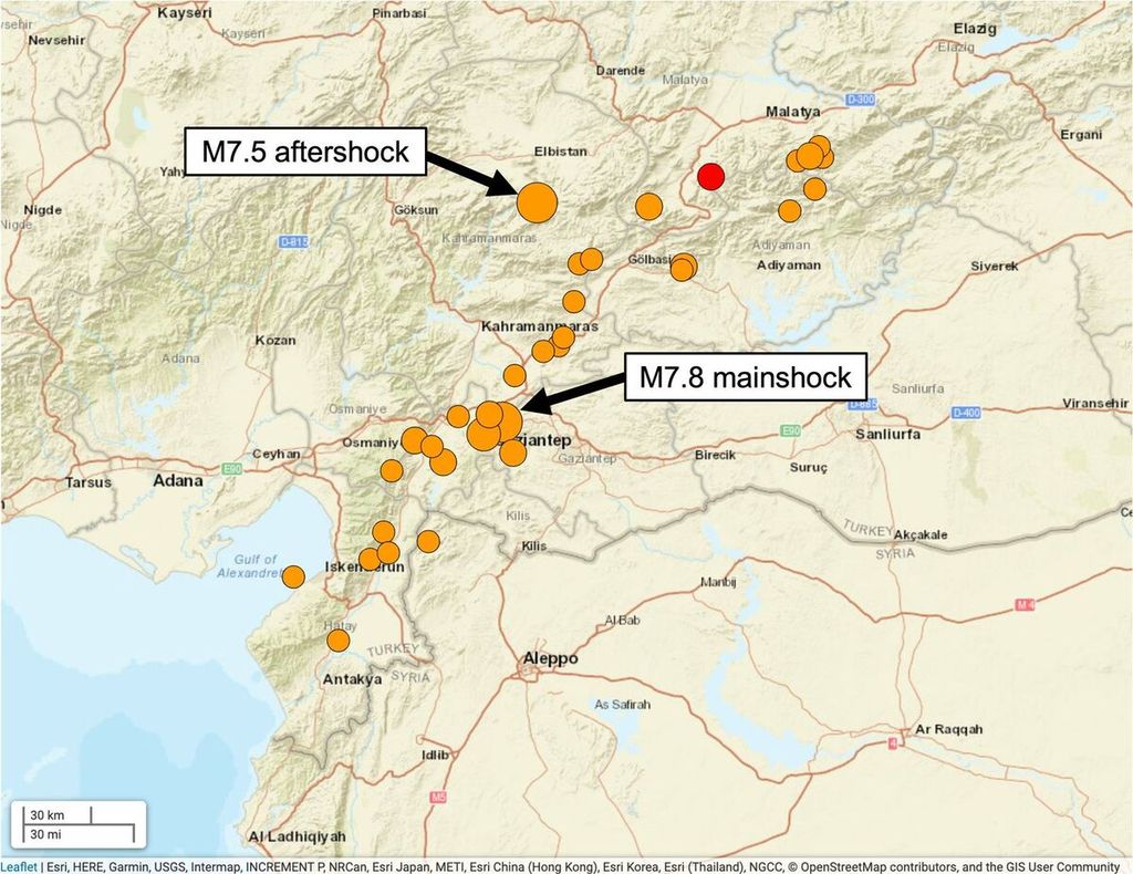 Lokasi gempa utama M 7,8 dan gempa susulan M 7,5 di Turki, Senin (6/2/2023).