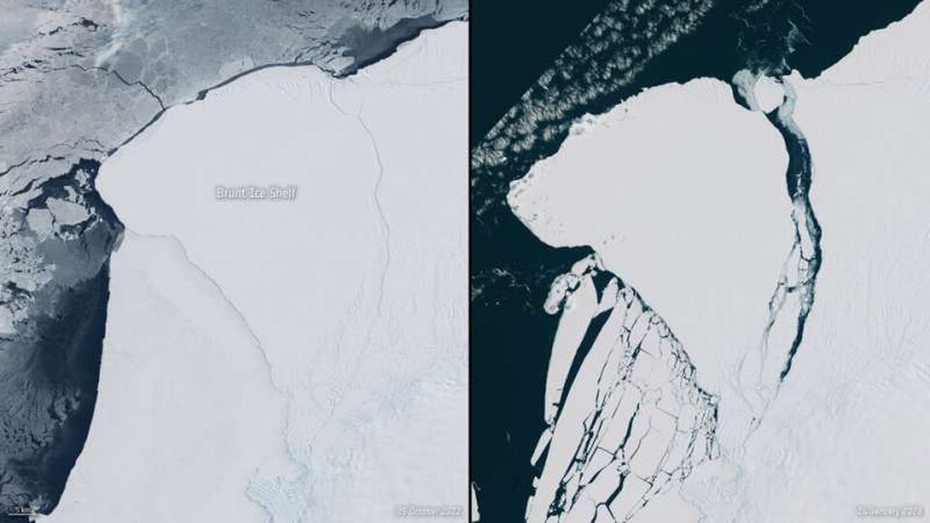 Gambar dari satelit menunjukkan sebelum dan sesudah pecahnya gunung es di Antartika.