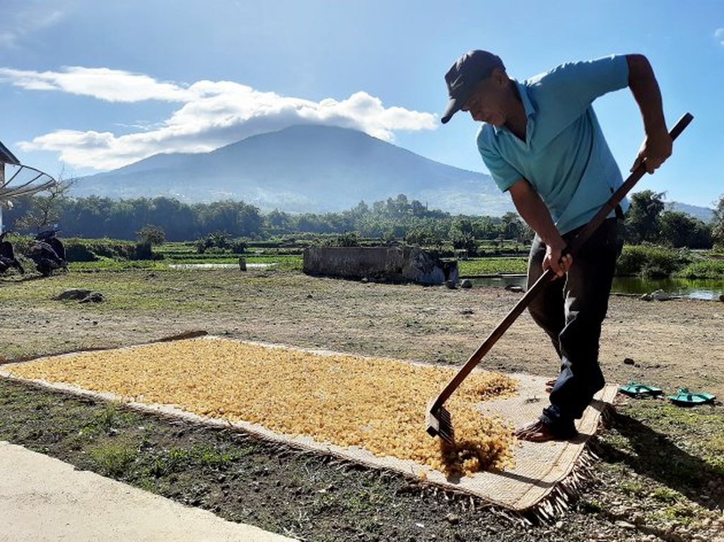 Adrian (55), perajin kerupuk kulit, menjemur potongan kulit sapi di halaman rumahnya dengar latar belakang Gunung Marapi, di Nagari Pandai Sikek, Kecamatan X Koto, Kabupaten Tanah Datar, Sumbar, Jumat (27/5/2022). 