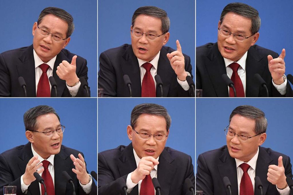  Berbagai potret wajah Perdana Menteri China yang baru, Li Qiang, saat menyampaikan konferensi pers perdana, 13 Maret 2023. 