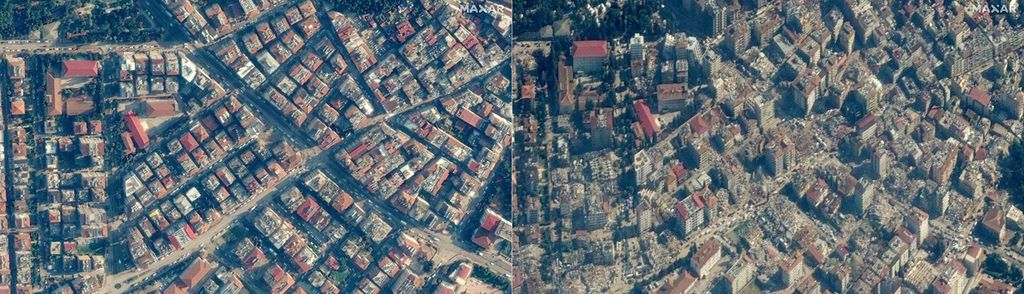 Foto satelit kombo kawasan Antakya, Turki, sebelum gempa pada 22 Desember 2022 (kiri) dan setelah gempa pada 8 Februari 2023. 