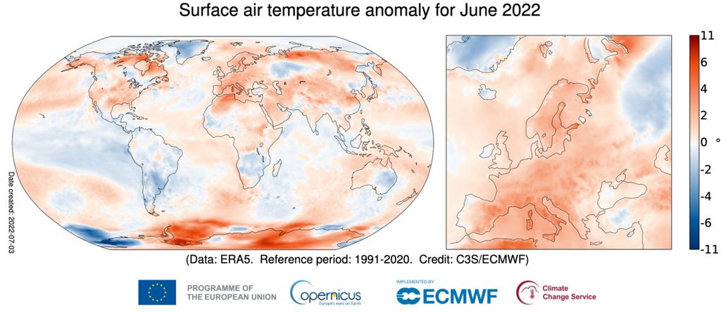 Anomali suhu udara permukaan bulan Juni 2022 relatif terhadap rata-rata bulan Juni periode 1991-2020. Sumber data: ERA5. Kredit: Layanan Perubahan Iklim Copernicus/ECMWF.