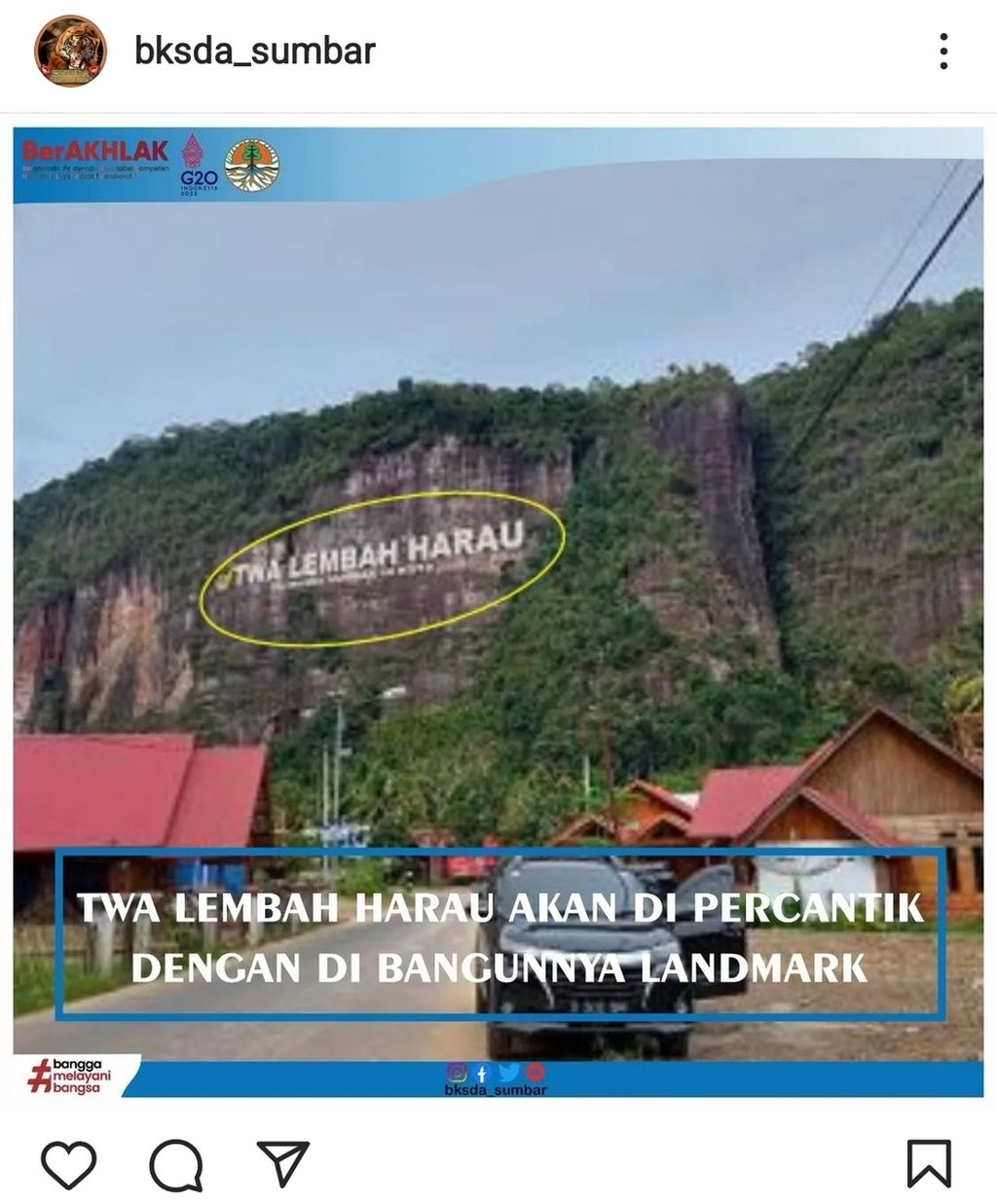 Tangkapan layar unggahan akun Instagram @bksda_sumbar tentang desain <i>landmark</i> di tebing Geopark Lembah Harau yang akan dibangun BKSDA Sumatera Barat. Proyek ini ditargetkan sudah tuntas saat tahun baru 2023.