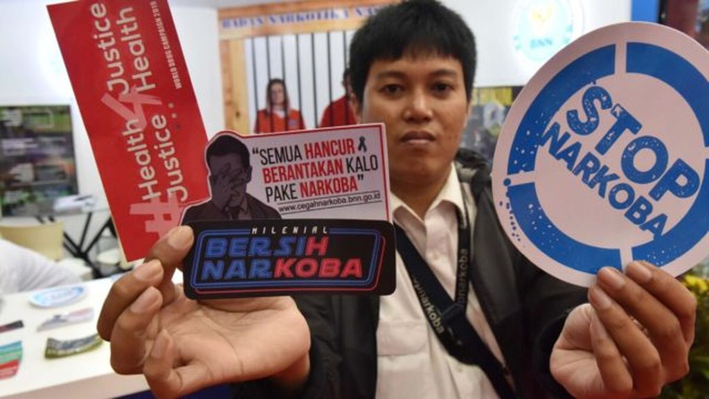 Kampanye anti narkoba dari Badan Narkotika Nasional (BNN) mewarnai Pameran Kampung Hukum 2020 di Plennary Hall Jakarta Convention Centre (JCC), Senayan, Jakarta, Selasa (25/2/2020).
