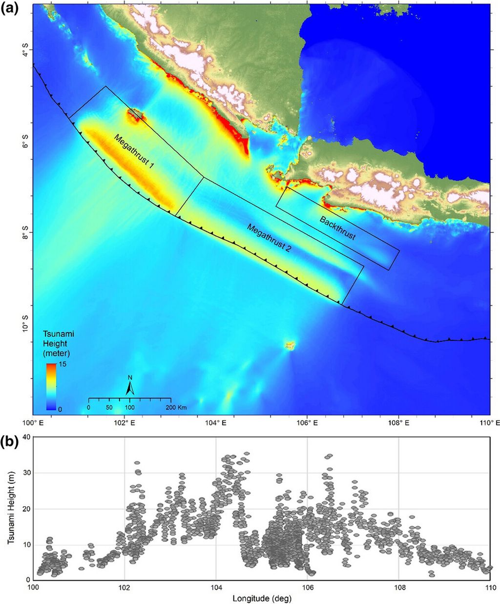 a. Ketinggian tsunami maksimum di seluruh wilayah model selama durasi simulasi dengan sumber <i>megathrust</i> dan <i>backthrust</i>. b Ketinggian tsunami maksimum di sepanjang pantai selatan Jawa Barat, Sumatera, dan Selat Sunda. Ketinggian tsunami hingga 34 meter tercatat di sekitar Ujung Kulon. Sumber: Pepen Supendi, dkk. (Jurnal Natural Hazards, 2022).
