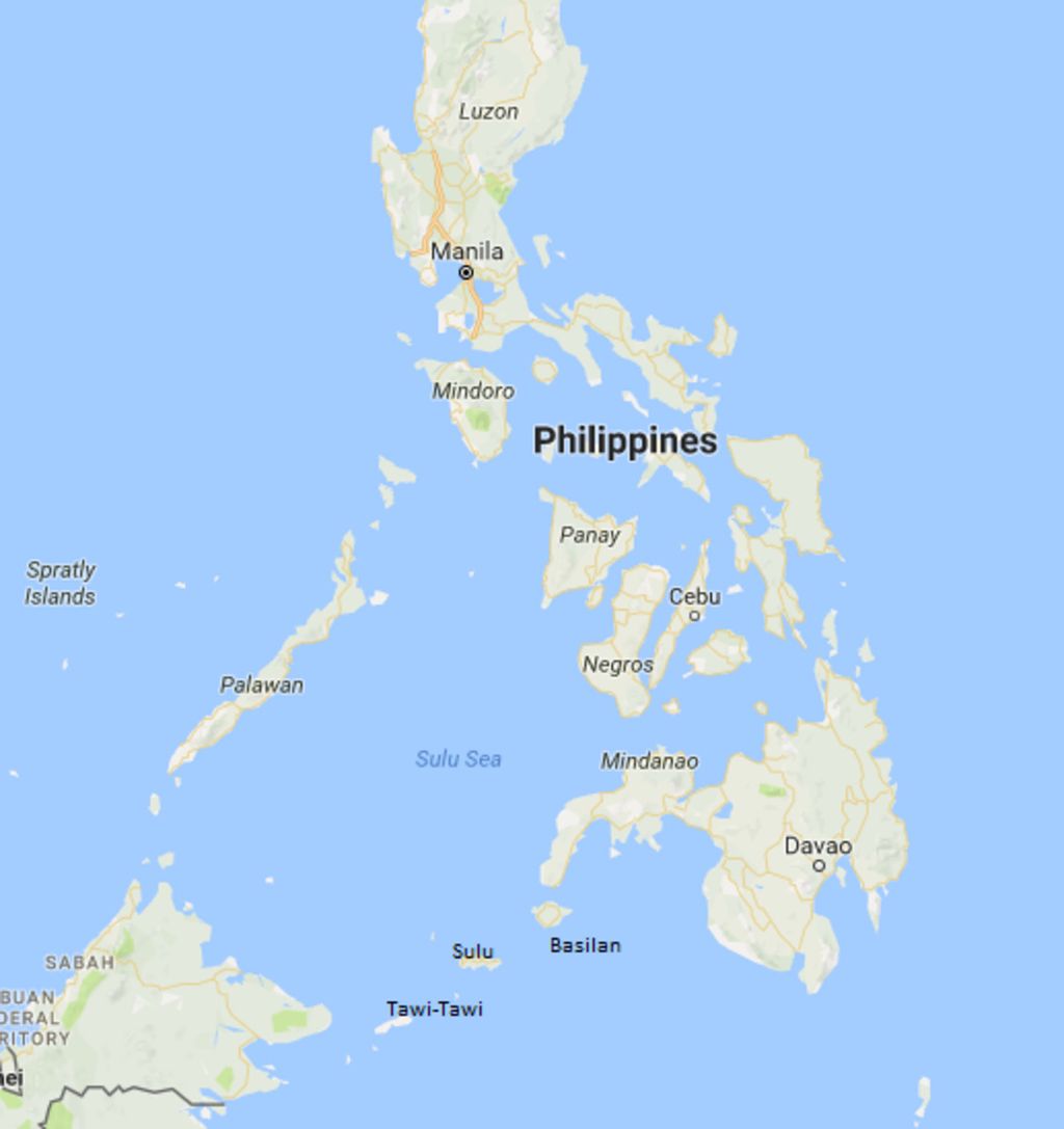 Peta lokasi Pulau Mindanao, Basilan, Tawi-Tawi, dan Sulu, di Filipina selatan.