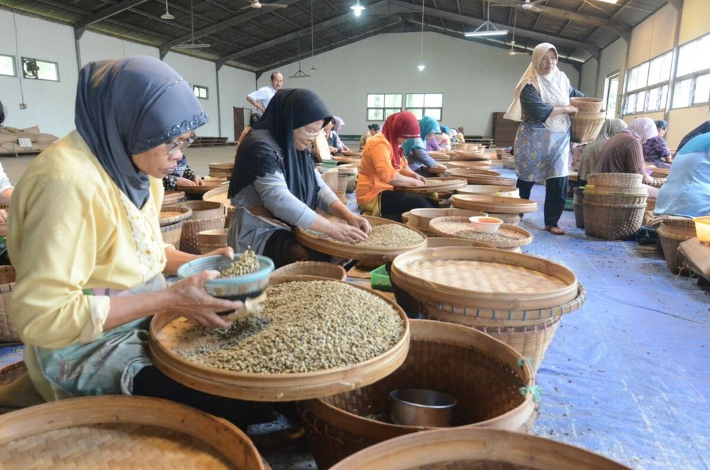Perempuan pekerja tengah melakukan sortasi biji kopi kering di ruang <i>masson</i> pabrik kopi Banaran milik PTPN IX jawa Tengah, di Jambu, Kabupaten Semarang.