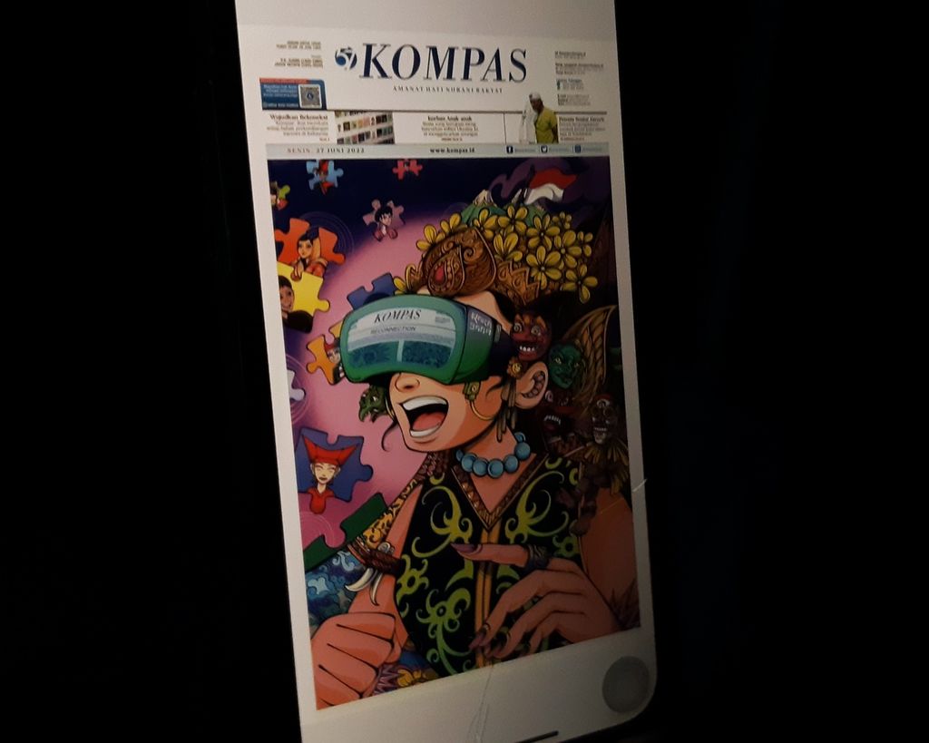 Tangkapan layar halaman muka e-paper harian Kompas edisi Senin (27/6/2022) saat dilihat dari aplikasi Kompas.id. Edisi ini menampilkan halaman muka khusus berkolaborasi dengan seniman Raka Jana dalam format non-fungible token (NFT). 