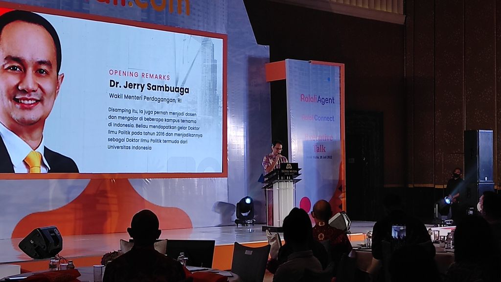 Wamendag Jerry Sambuaga saat memberikan sambutan Ralali Talks, Kamis (28/7/2022), di Jakarta. Ralali Talks ini juga bertujuan memperingati ulang tahun kesembilan Ralali, platform e-dagang khusus bisnis ke bisnis.