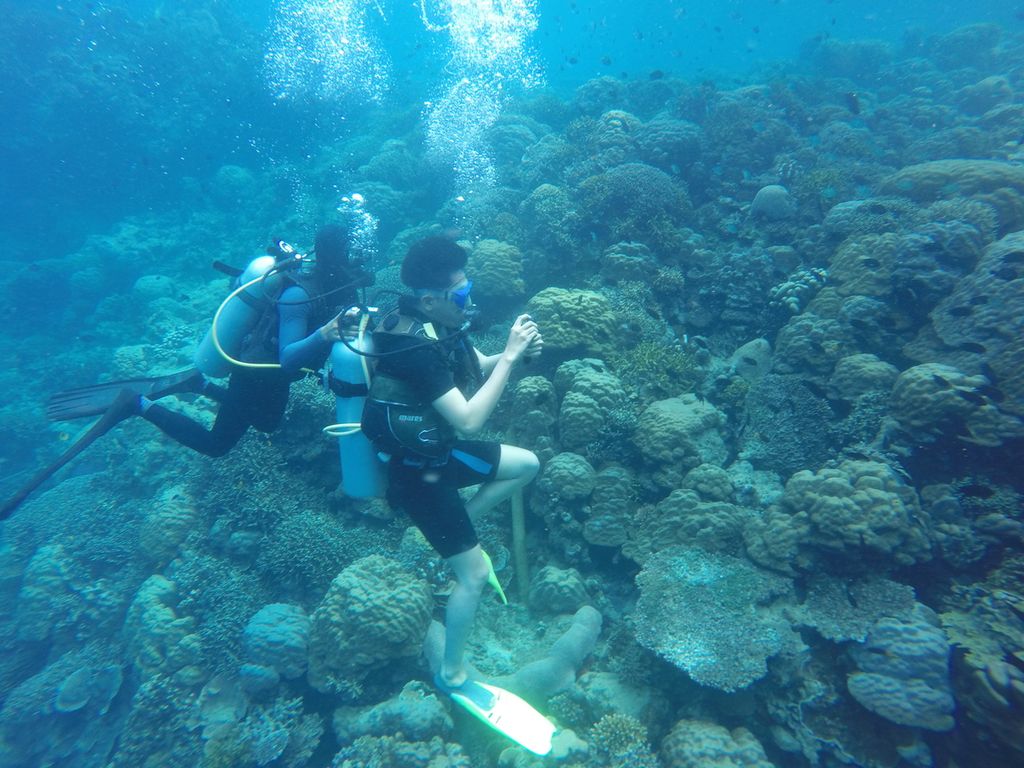 Seorang wisatawan mengambil foto bawah laut ditemani seorang pemandu di titik selam Lekuan, Bunaken, Manado, Sulawesi Utara, Senin (14/2/2022).