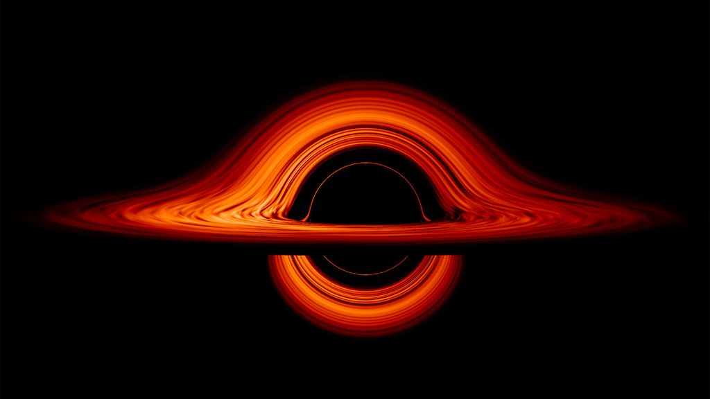 Pemodelan cahaya dari berbagai bagian piringan akresi atau piringan di sekitar lubang hitam ditekuk saat mendekati lubang hitam.  Gravitasi yang kuat dari lubang hitam mengubah jalur cahaya yang masuk.