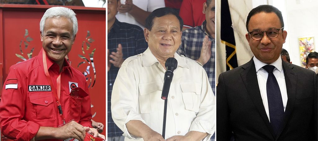 Tiga nama yang memiliki elektabilitas tertinggi dalam bursa capres 2024 berdasarkan survei <i>Kompas</i> sepanjang 2022, yaitu Gubernur Jawa Tengah Ganjar Pranowo, Menteri Pertahanan Prabowo Subianto, dan mantan Gubernur DKI Jakarta Anies Baswedan.