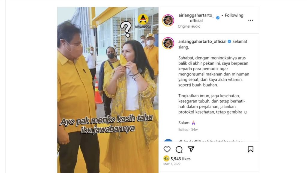 Video tebak-tebakan Airlangga Hartarto dan istrinya yang diunggah di akun milik Airlangga di Instagram.