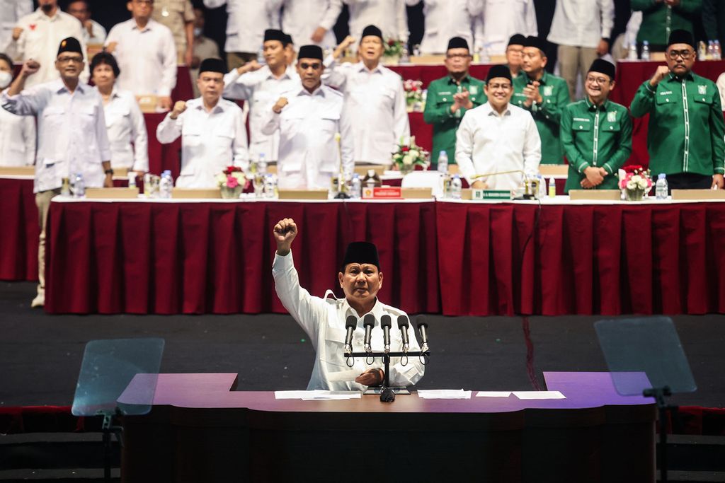 Ketua Umum Partai Gerindra Prabowo Subianto berpidato saat deklarasi koalisi antara Partai Gerindra dan PKB di Sentul, Bogor, Jawa Barat, Sabtu (13/8/2022). 