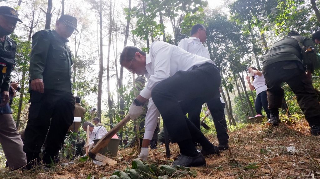 Wakil Menteri BUMN I Pahala Nugraha Mansury menanam pohon damar di sela-sela penandatanganan <i>head of agreement</i> antara Pertamina Power Indonesia (PPI) sebagai Subholding Power & New Renewable Energy (Pertamina NRE) dan Perhutani di Sentul Eco Edu Tourism Forest, Kabupaten Bogor, Jawa Barat, Senin (20/6/2022).