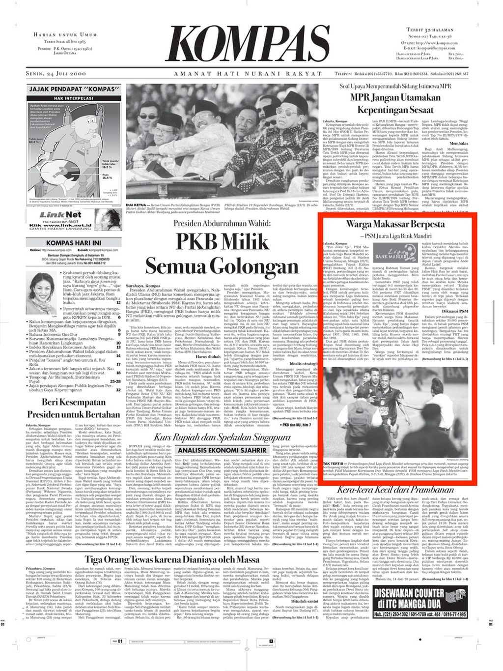 Halaman muka "Kompas" edisi Senin, 24 Juli 2000, yang menampilkan berita tentang PSM Makassar juara Liga Indonesia 1999-2000. (Berita diberi kotak merah)