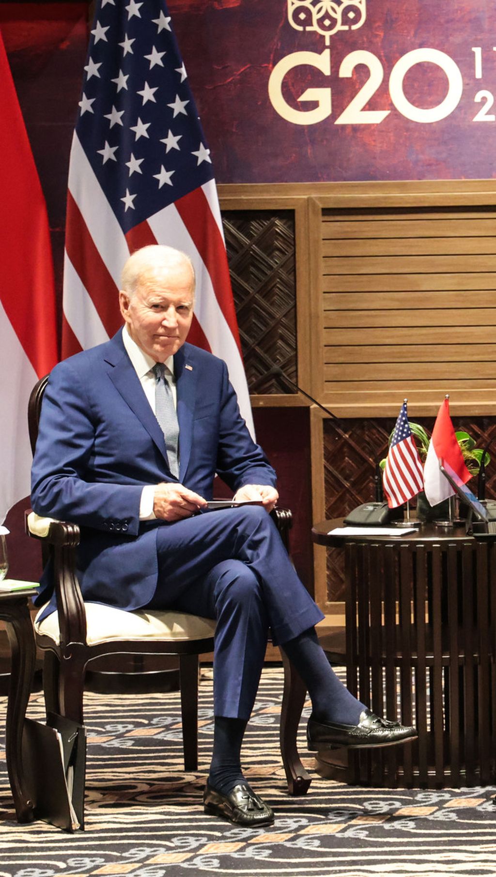 Presiden Amerika Serikat Joe Biden saat bertemu dengan Presiden Joko Widodo di sela-sela Konferensi Tingkat Tinggi G20 di Nusa Dua, Bali, Senin (14/11/2022). Pertemuan bilateral ini adalah pertemuan perdana pemimpin negara di ajang KTT G20. 