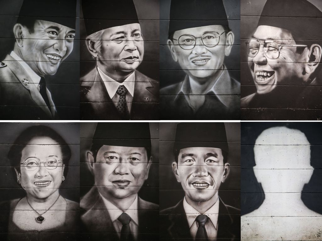 Rangkaian foto lukisan para presiden Republik Indonesia tergambar di sebuah tembok di kawasan Cipondoh, Tangerang, Banten, Rabu (18/8/2021). Survei Litbang <i>Kompas </i>pada April 2021 menunjukkan masih banyak masyarakat yang belum menentukan pilihan calon presiden. 