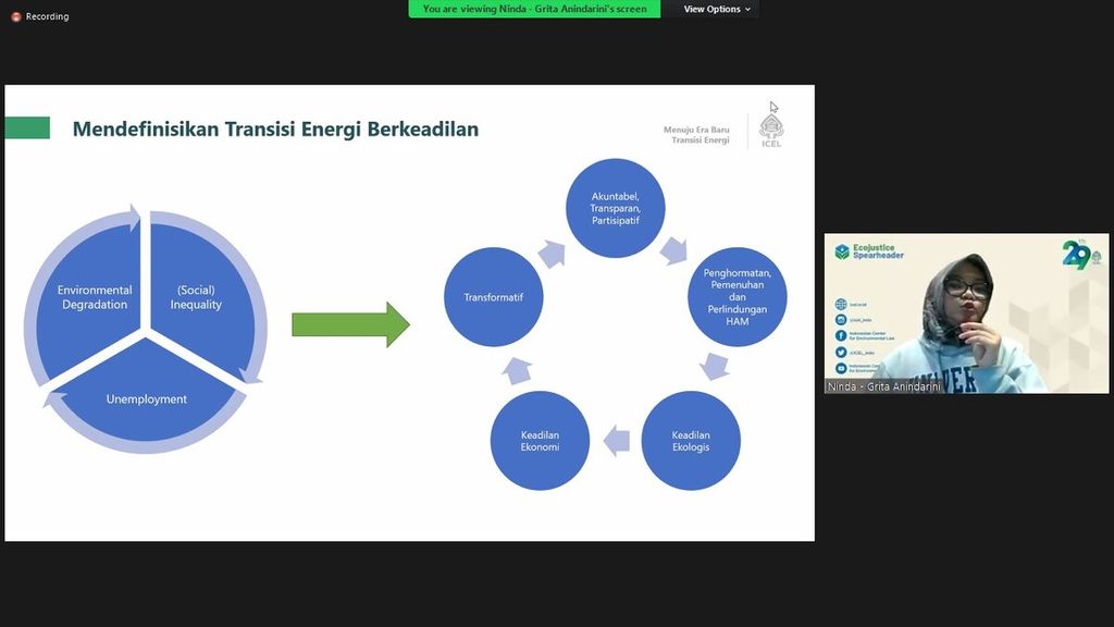  (ICEL) Grita Anindarini, memaparkan prinsip dan nilai transisi energi bersih yang disampaikan secara daring pada diskusi publik Menuju Era Baru Energi Indonesia: Skema Pendanaan dan Implementasi Transisi yang Adil dan Berkelanjutan secara daring di Jakarta, Kamis (20/10/2022).