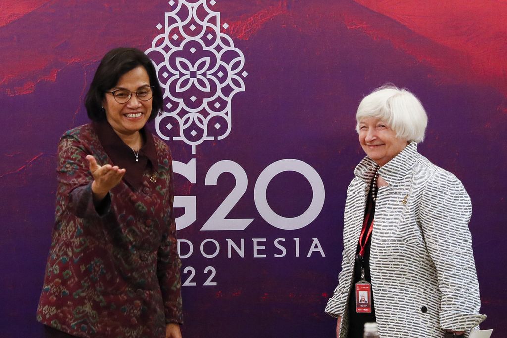 Indonesia's Finance Minister Sri Mulyani Indrawati (L) greets US Treasury Secretary Janet Yellen (R) during their bilateral meeting at the G20 Finance Ministers and Central Bank Governors Meeting in Nusa Dua on July 15, 2022.