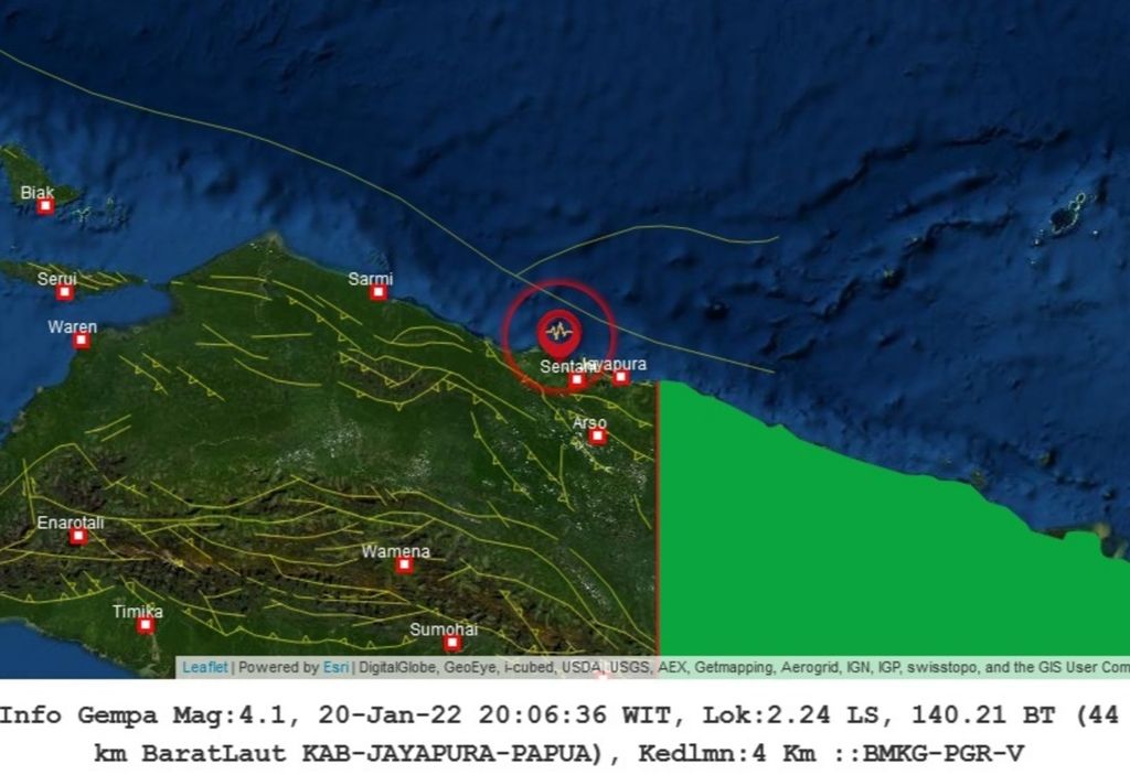Infografis gempa Magnitudo 4,1 di Kabupaten Jayapura pada Kamis (20/1/2022).