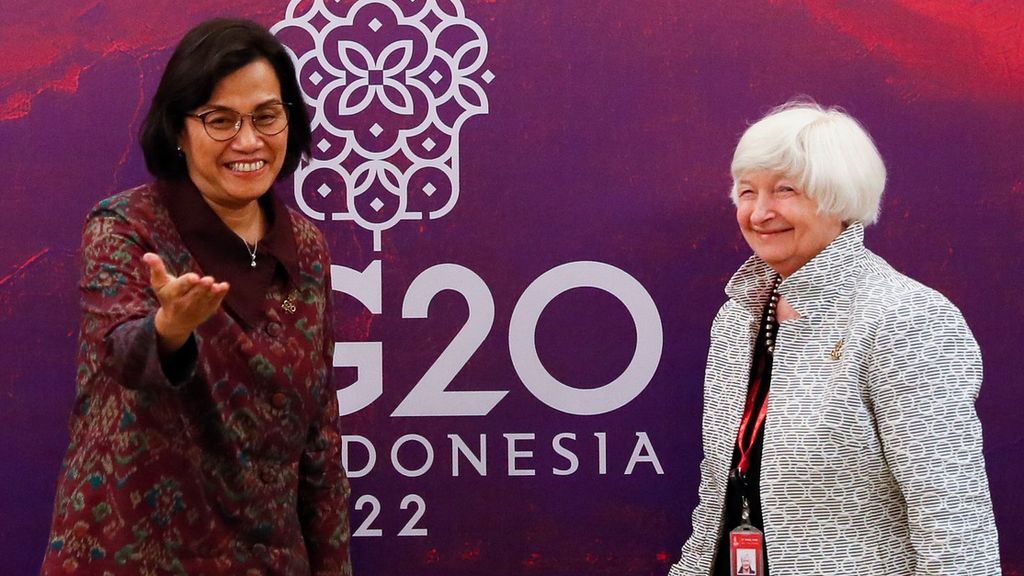Indonesia's Finance Minister Sri Mulyani Indrawati (left) greets US Treasury Secretary Janet Yellen during their bilateral meeting at the G20 Finance Ministers and Central Bank Governors Meeting in Nusa Dua, Bali, on July 15, 2022. 