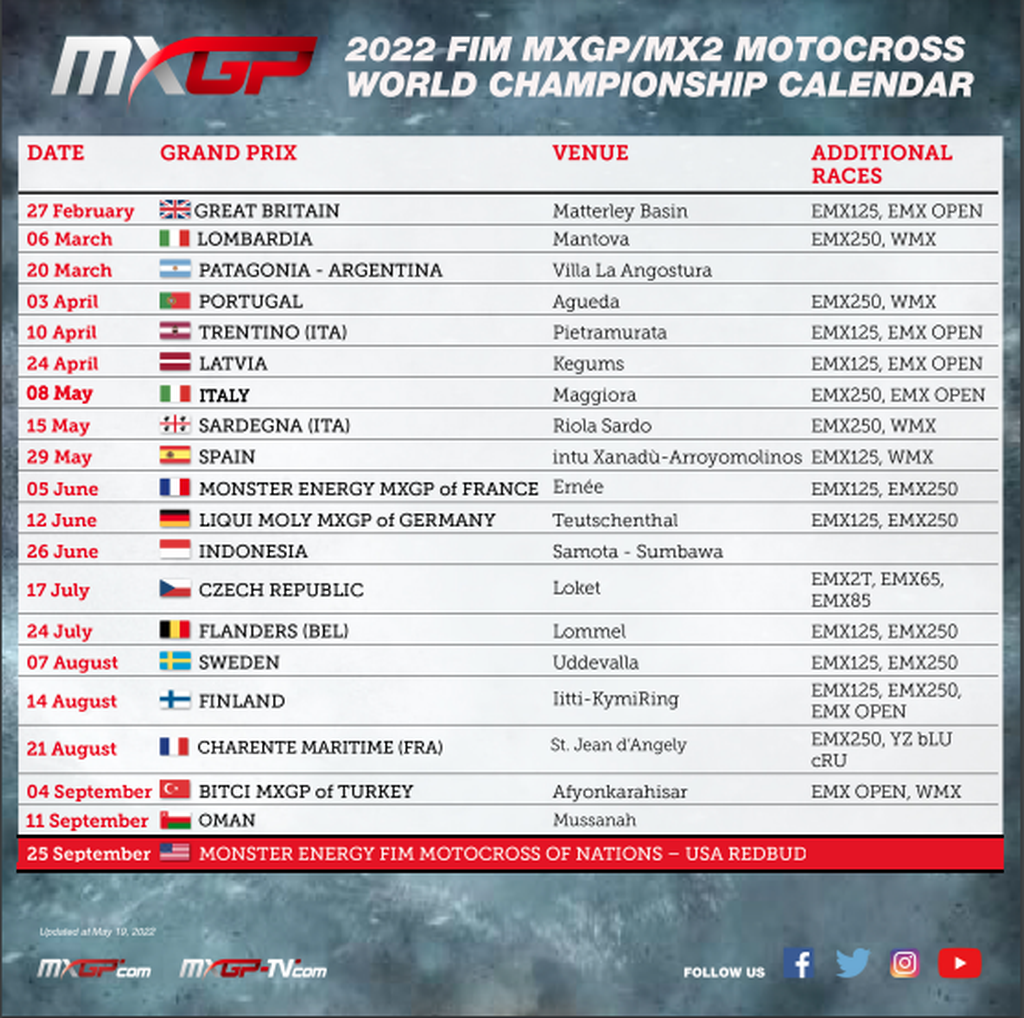 Tangkapan layar jadwal MXGP 2022 yang menjadi 19 seri setelah seri Jakarta yang dijadwalkan pada 2-3 Juli dinyatakan batal oleh Infront Moto Racing.