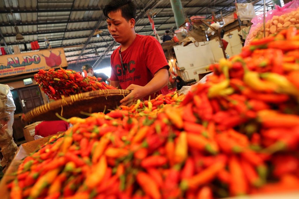 Pedagang memilah cabai rawit merah yang baru datang dari Prambanan di Pasar Induk Kramatjati, Jakarta, Jumat (10/9/2021).