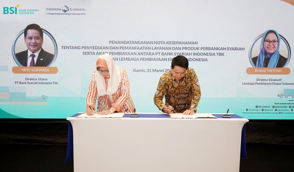 Penandatanganan kerja sama Bank Syariah Indonesia (BSI) dengan Lembaga Pembiayaan Ekspor Indonesia (LPEI), Jumat (1/4/2022).