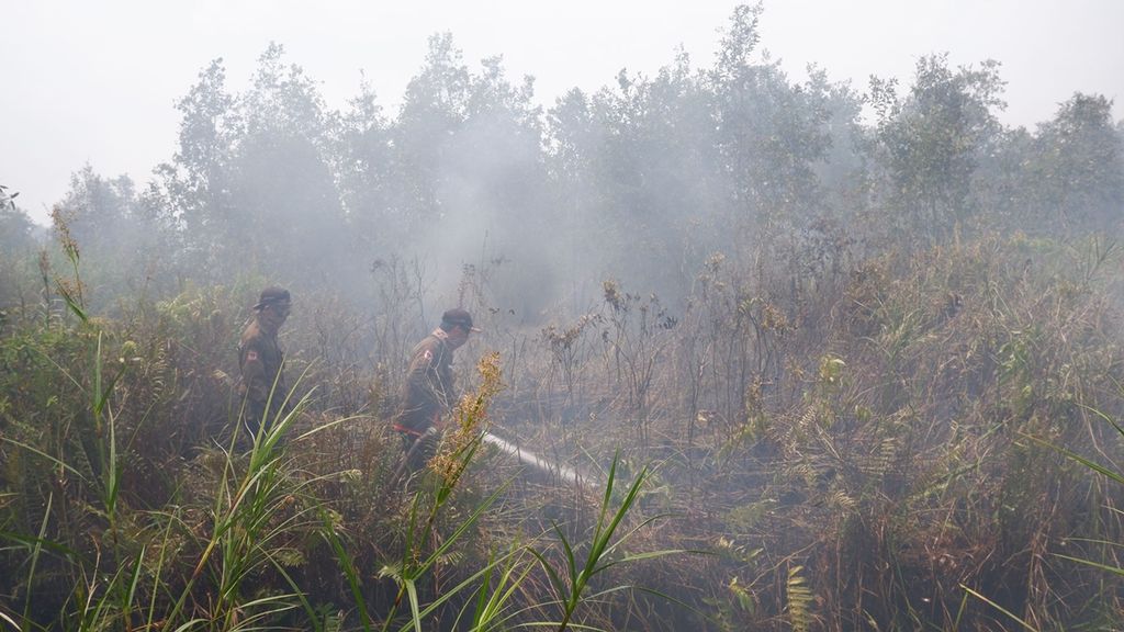 Ilustrasi - Petugas berusaha memadamkan api di lahan gambut yang terbakar di Kecamatan Gambut, Kabupaten Banjar, Kalimantan Selatan, Selasa (15/10/2019). 