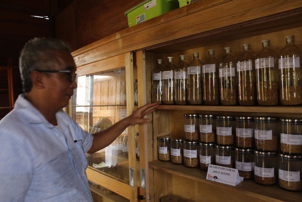 Direktur Borneo Institute Yanedi Jagau menunjukkan rumah benih milik masyarakat yang merupakan tempat penyimpanan benih di Tumbang Samui, Kabupaten Gunung Mas, Kalteng, pada Minggu (25/9/2022).