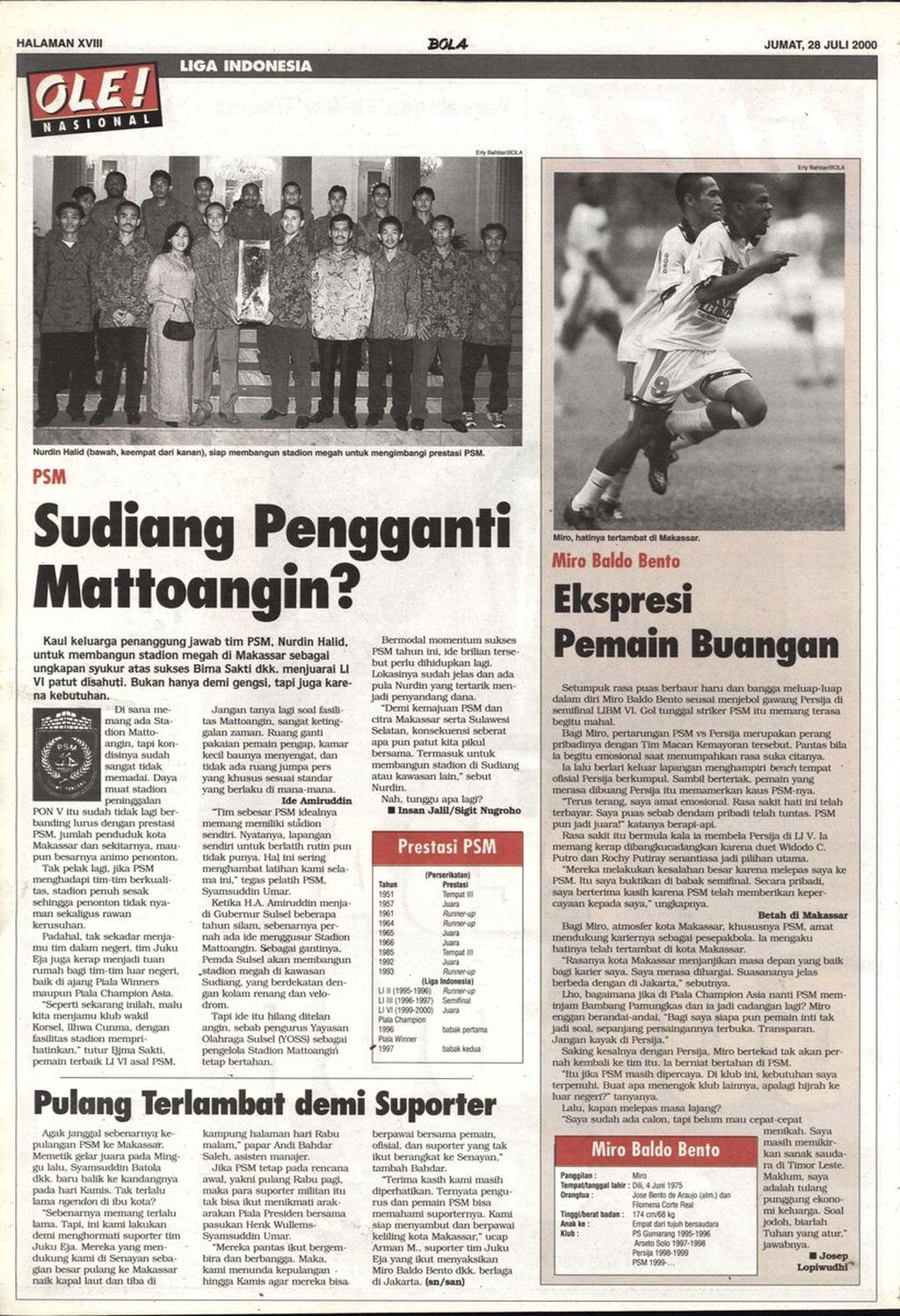 Halaman 18 Tabloid Bola edisi Jumat, 28 Juli 2000, yang mengulas rencana PSM Makassar membangun stadion baru setelah menjadi juara Liga Bank Mandiri 1999-2000.