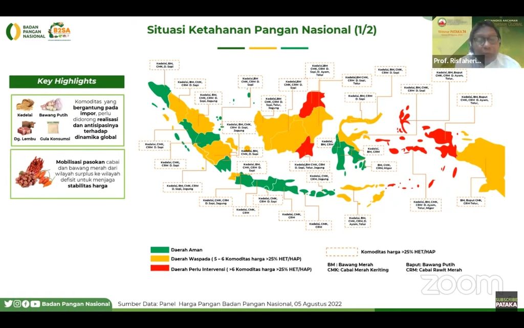 Tangkapan layar Pelaksana tugas Deputi Bidang Ketersediaan dan Stabilisasi Pangan Badan Pangan Nasional (NFA) Risfaheri yang sedang menjelaskan mengenai ketahanan pangan nasional dalam webinar "Menangkis Ancaman Krisis Pangan Global" yang digelar Pusat Kajian Pertanian Pangan dan Advokasi (Pataka) di Jakarta. Selasa (9/8/2022).