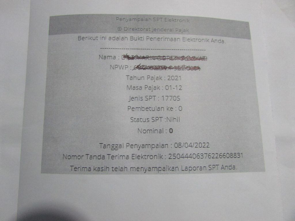 Bukti laporan SPT tahunan dari salah seorang wajib pajak di Kota Kupang, NTT, Jumat (8/4/2022). 