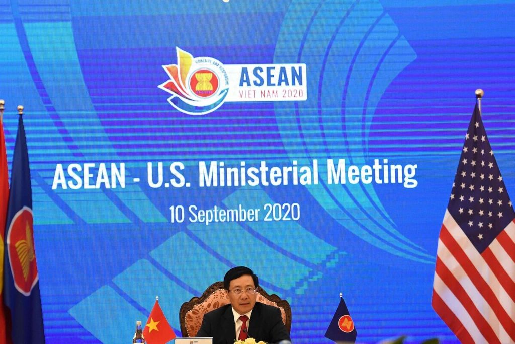 Vietnam’s Foreign Minister Pham Binh Minh addresses a live video conference during the Association of Southeast Asian Nations (ASEAN)-US Ministerial Meeting, held online due to the COVID-19 novel coronavirus pandemic, in Hanoi on September 10, 2020. – China accused the US of becoming “the biggest driver of militarization” in the contested South China Sea, as tensions between Washington and Beijing look set to swamp a regional Asian summit..