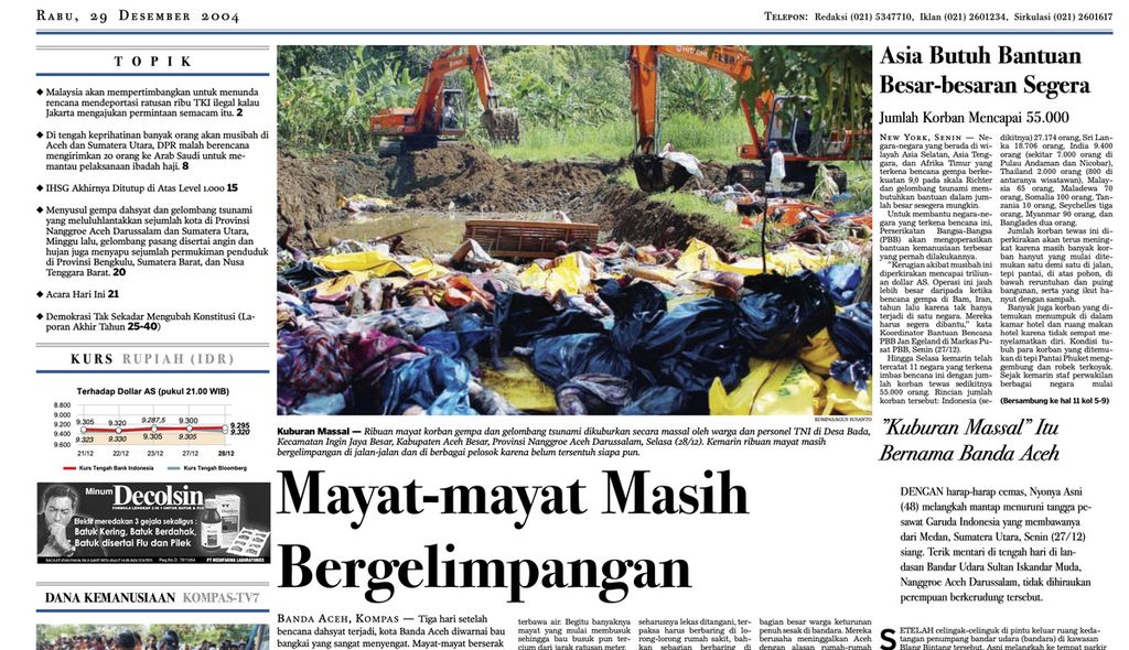 Tangkapan layar arsip berita <i>Kompas</i> yang memuat foto tumpukan jenazah korban tsunami Aceh yang dimuat di halaman 1. 