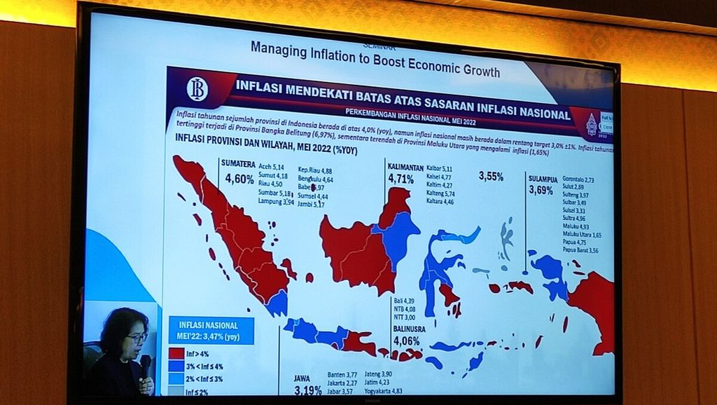 Pemaparan dari Deputi Kepala Kantor Perwakilan BI Provinsi Bali Gusti Ayu Diah Utari dalam seminar bertajuk Managing Inflation to Boost Economic Growth, yang diselenggarakan Indef di Nusa Dua, Badung, Bali, Rabu (15/6/2022).