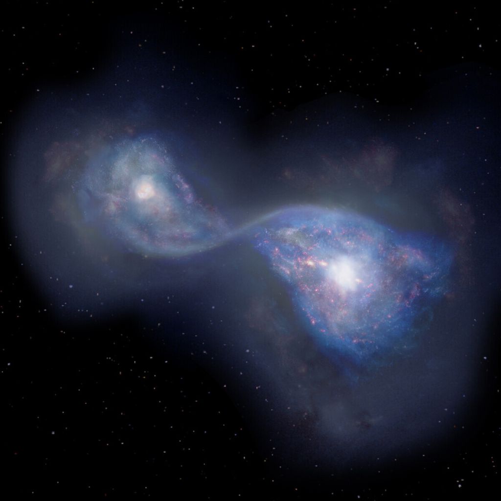 Render artis dari dua galaksi bertabrakan untuk membentuk galaksi baru yang dikenal sebagai B14-65666.  Galaksi ini berjarak 13 miliar tahun cahaya dari Bumi dan terletak di arah konstelasi Sextons.  Tabrakan terjadi saat alam semesta masih muda, kurang dari 1 miliar tahun setelah Big Bang.
