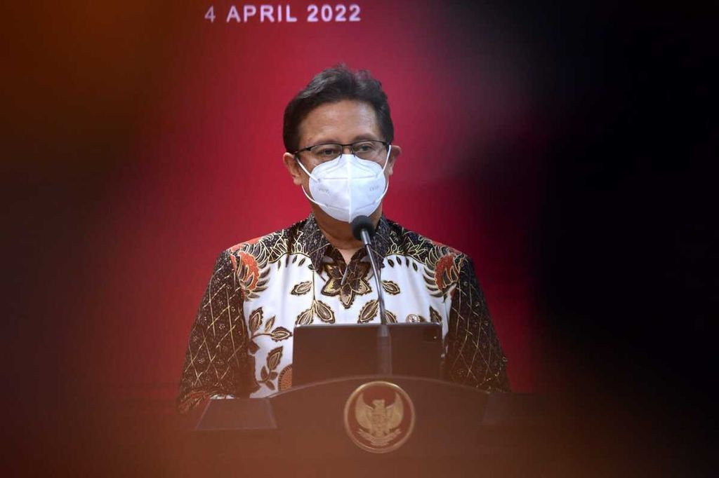 Menteri Kesehatan (Menkes) Budi Gunadi Sadikin dalam keterangannya di Kantor Presiden, Jakarta, Senin (4/4/ 2022), selepas mengikuti rapat terbatas yang dipimpin oleh Presiden Joko Widodo.