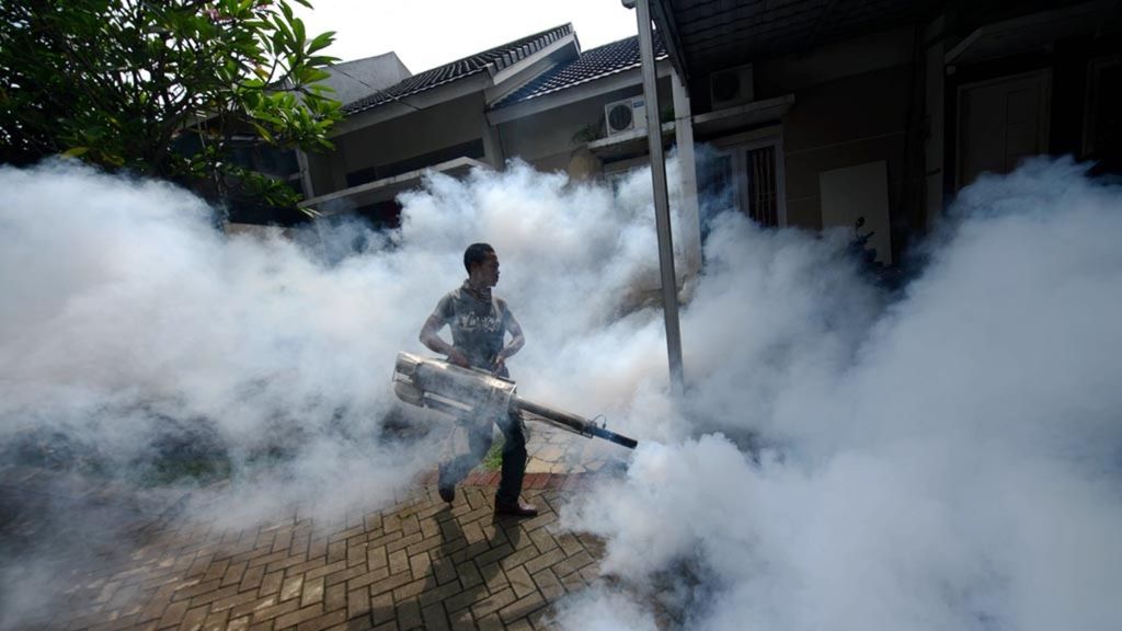 Pengasapan untuk mencegah penyebaran nyamuk vektor demam berdarah dilakukan di sebuah perumahan di Kelurahan Cinangka, Sawangan, Kota Depok, Minggu (17/2/2019). 