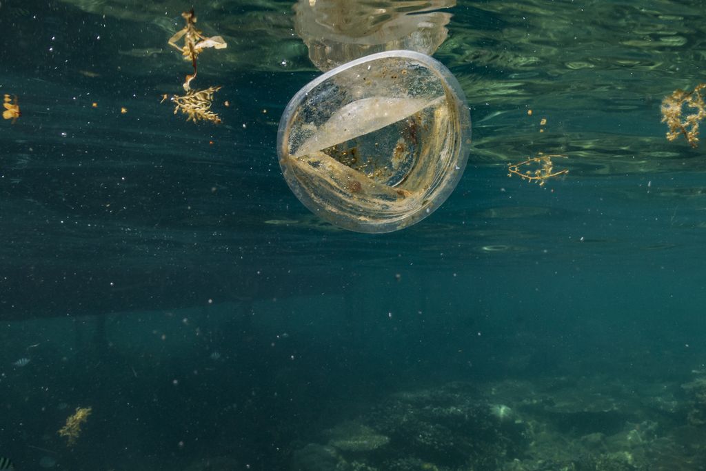 Sampah plastik di dekat Pulau Cilik, Kepulauan Karimunjawa, Kabupaten Jepara, Jawa Tengah, Minggu (12/6/2022). Sampah masih menjadi ancaman bagi kelestarian berbagai satwa dilindungi di laut, seperti salah satunya penyu sisik. 