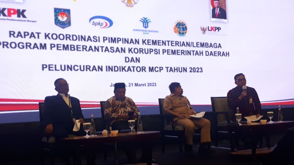 Sejumlah pejabat negara hadir dalam Rapat Koordinasi Pimpinan Kementerian/Lembaga Program Pemberantasan Korupsi Pemerintah Daerah dan Peluncuran Indikator MCP 2023 di Jakarta, Selasa (21/3/2023).