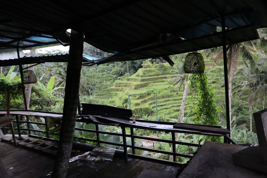 Pemandangan sawah terasering dari sisi dalam bangunan kafe yang tidak terurus di Kecamatan Tegallalang, Kabupaten Gianyar, Bali, Senin (21/3/2022). Pandemi selama dua tahun terakhir membuat banyak tempat usaha yang berhadapan langsung dengan destinasi andalan wisatawan itu gulung tikar.