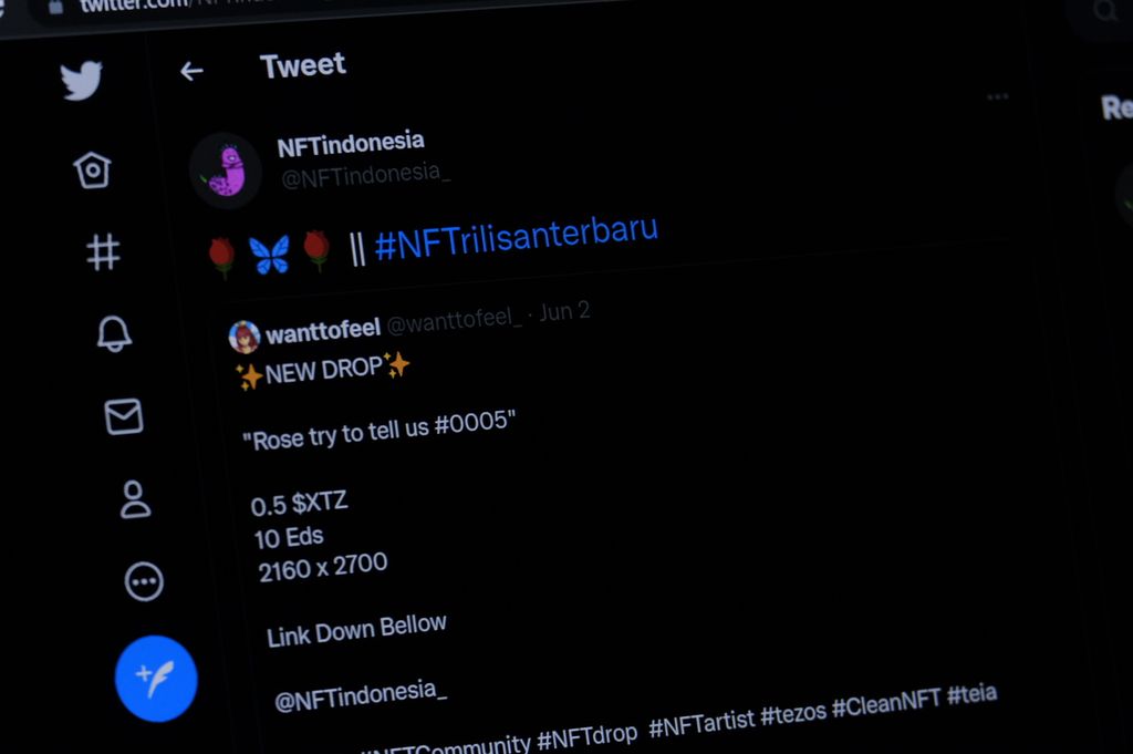 Salah satu tangkapan layar dari cuitan akun Twitter @NFTIndonesia_ dengan tagar #NFTrilisanterbaru. Akun ini kerap memberi eksposur pada kreator NFT lokal. Foto diambil pada Jumat (10/6/2022).