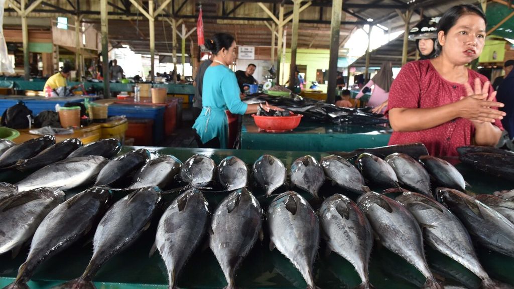Setelah lebih dari sepekan mengalami kelangkaan, stok ikan di Pasar Ranai, Natuna, Kepulauan Riau, kembali berangsur normal, seperti yang ditemui pada Jumat (14/2/2020). Beberapa waktu lalu, stok ikan di pasar tersebut nyaris kosong karena tidak ada nelayan yang melaut akibat cuaca buruk.